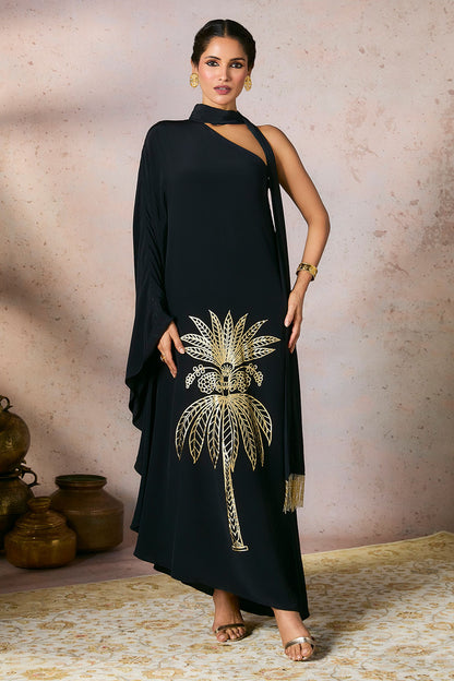 Black Tropical One Shoulder Kaftan