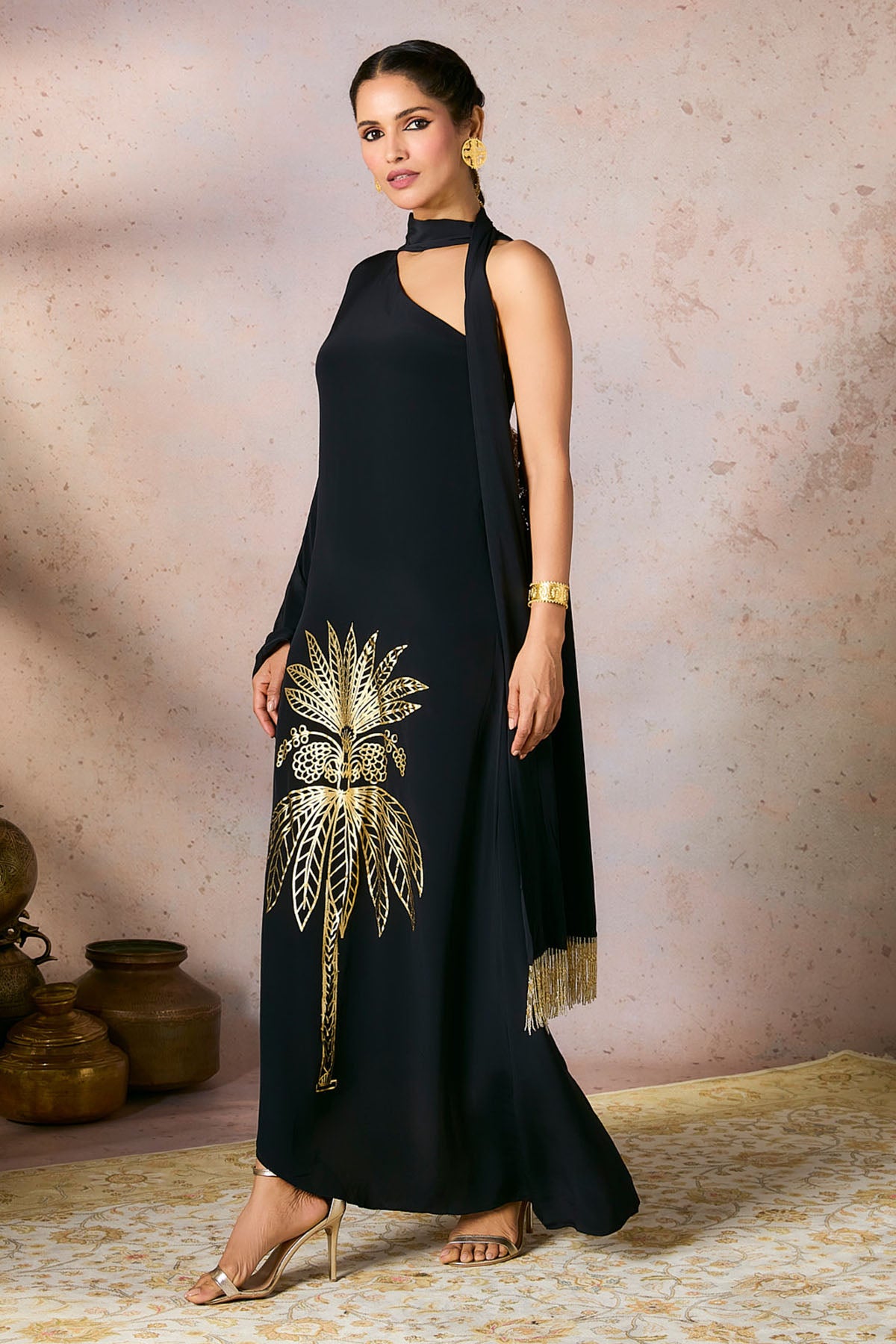 Black Tropical One Shoulder Kaftan