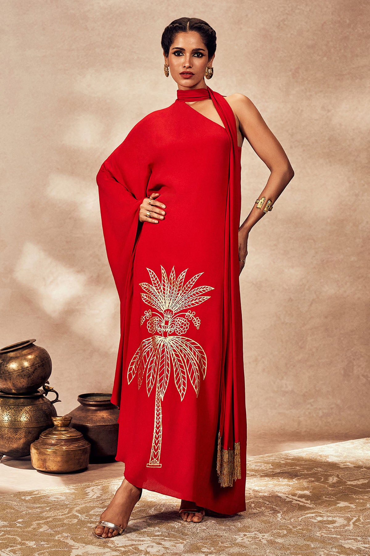 Red Tropical One Shoulder Kaftan