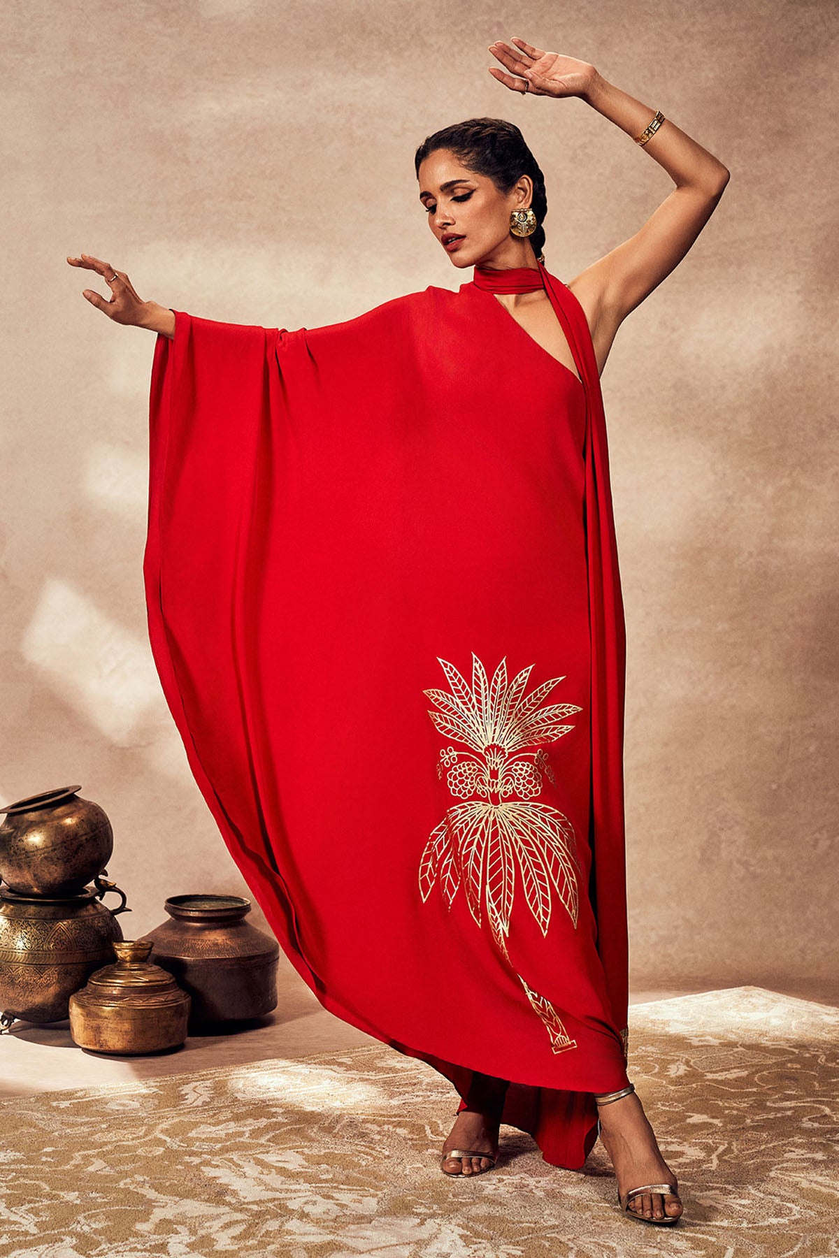 Red Tropical One Shoulder Kaftan