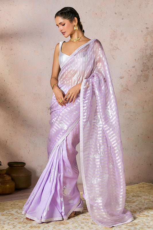 Lilac Striped Zari Saree