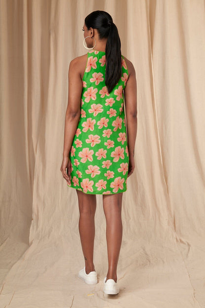 Parrot Green Flower Passion Halter Neck Dress