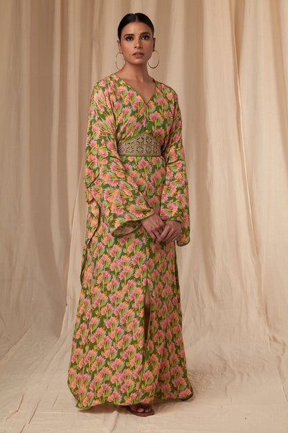 Sap Green Little Graden Kaftan Dress With Belt