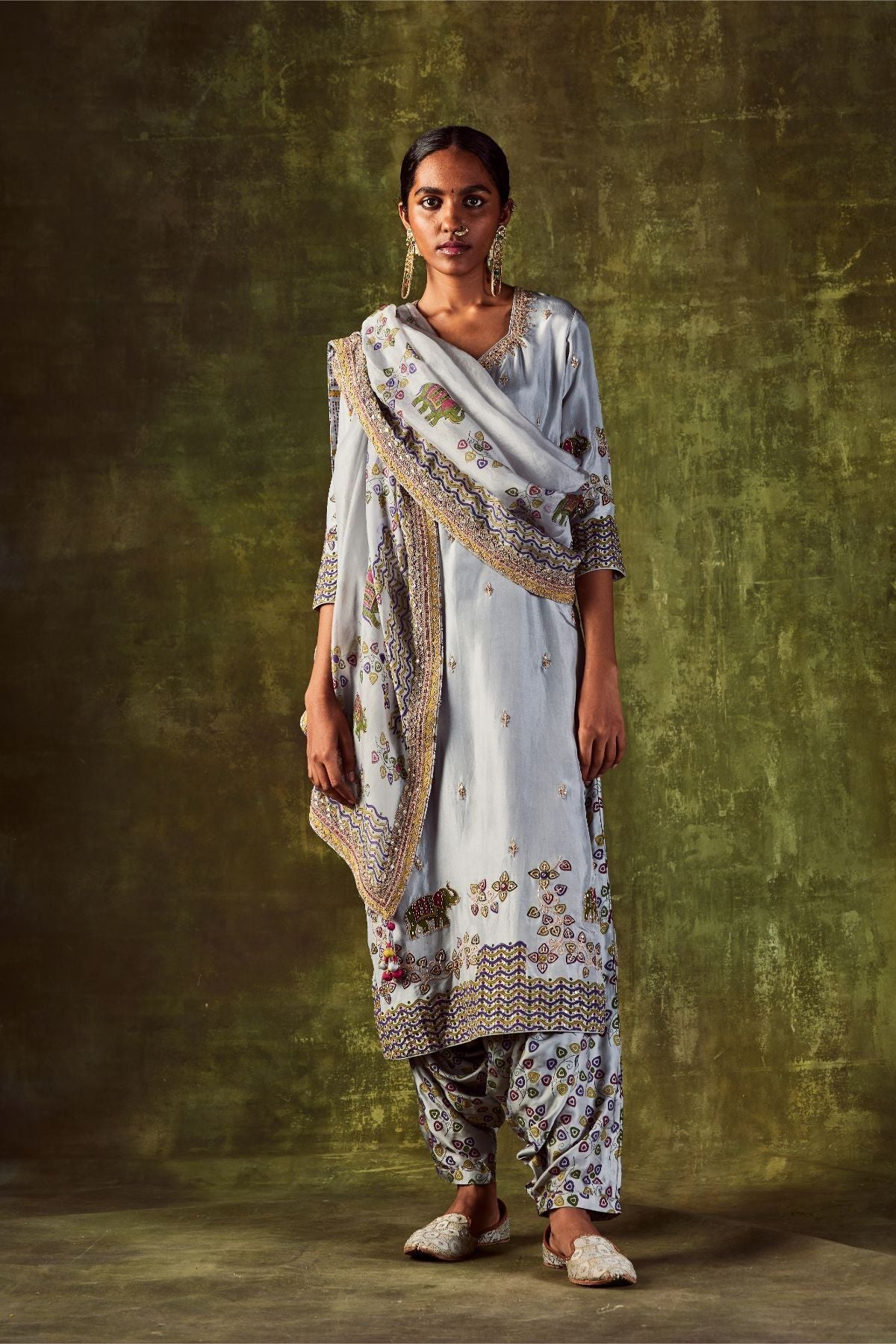 Grey Printed Gota  & Marodi Kurta Set with Dupatta & Cowl Pants