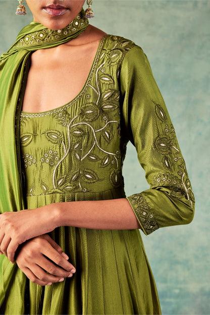 Olive Green Resham & Leather Work Anarkali Set