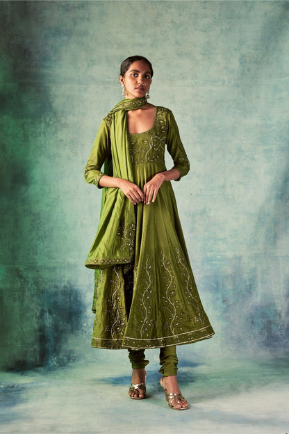 Olive Green Resham & Leather Work Anarkali Set