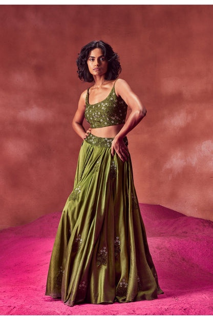 Olive Green Resham Work Lehenga With Blouse & Dupatta