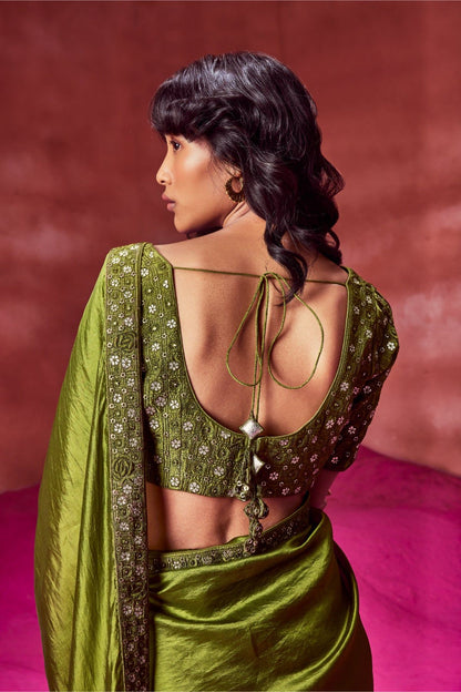 Olive Green Resham Embroidered Saree & Blouse