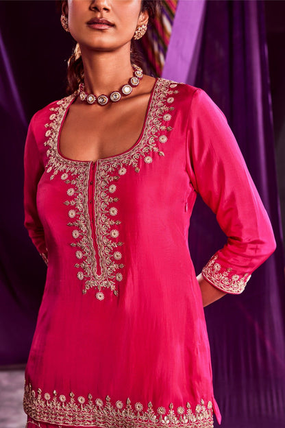 Rani pink Short Kurti With Sharara & Dupatta