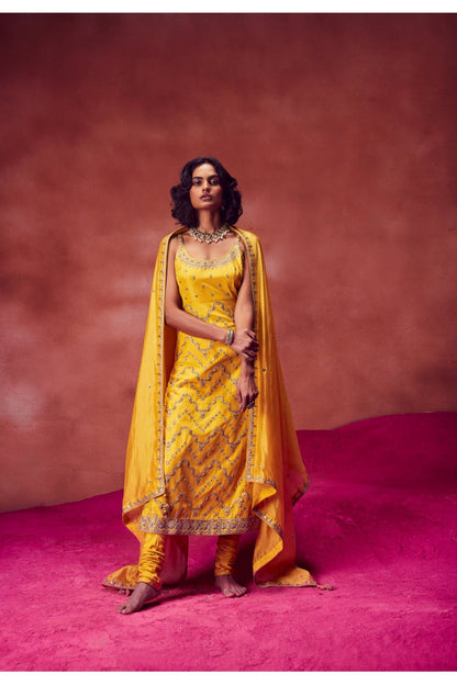 Yellow Strappy Hand Embroidered Kurti With Dupatta & Churidar