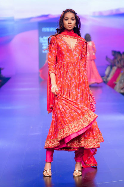 Surkh Laal Floral Anarkali Paired With Dupatta & Churidar