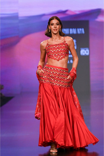 Surkh Laal Embroidered Skirt Paired With Asymmetric Blouse & Dupatta