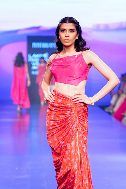 Surkh Laal Floral Draped Skirt Paired With Gulaabi Gulaal Asymmetric Top