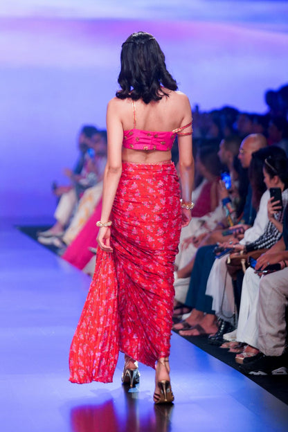 Surkh Laal Floral Draped Skirt Paired With Gulaabi Gulaal Asymmetric Top