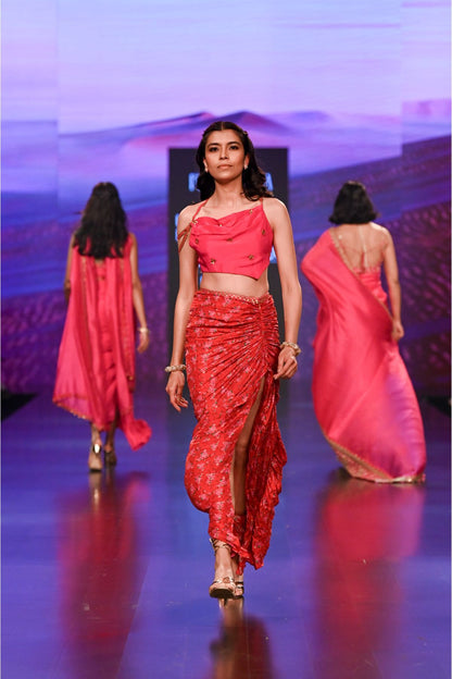 Surkh Laal Floral Draped Skirt Paired With Gulaabi Gulaal Asymmetric Top