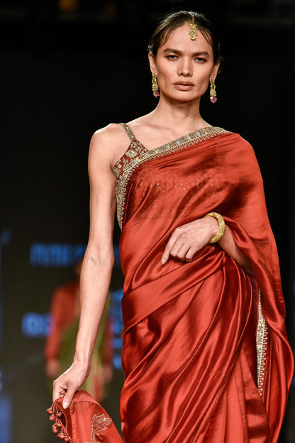 Brick Red Embroidered Saree with Strappy Blouse