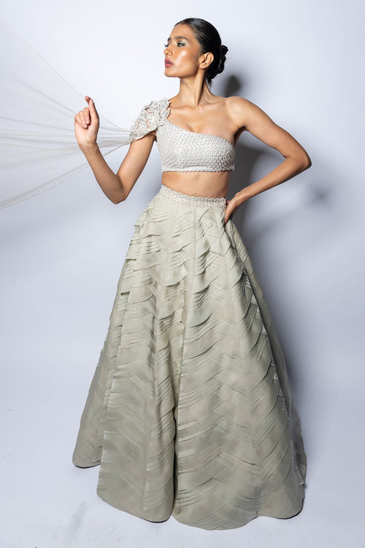 Valentine Silver Organza Pleated Lehenga Set.