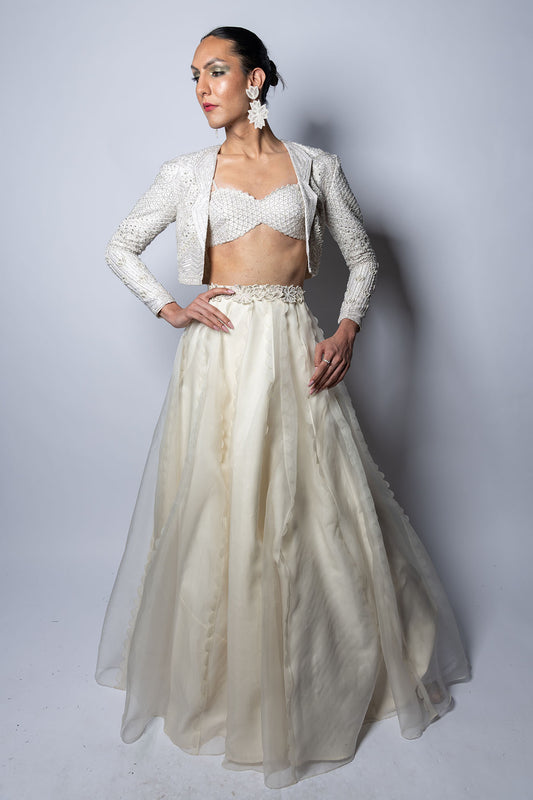 Argent White Embroidered Jacket, Blouse & Textured Skirt.