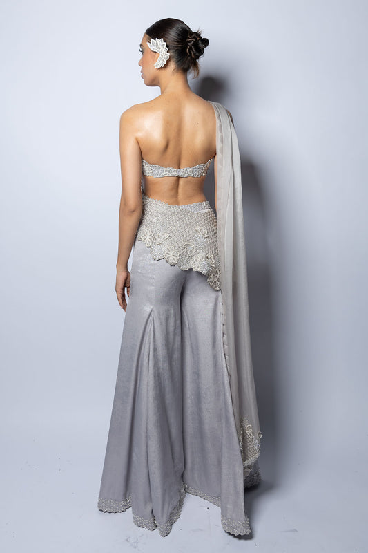 Lustrous Silver Pant With Hand Embroidered Drape Set