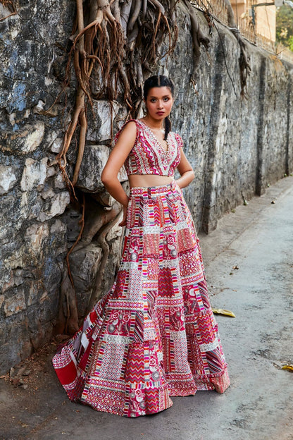 Ivory Geometric Print Patchwork Lehenga