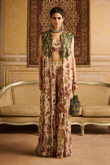 Green print & embroidered Cape set