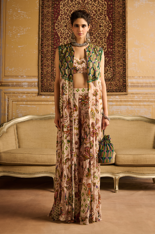 Green print & embroidered Cape set