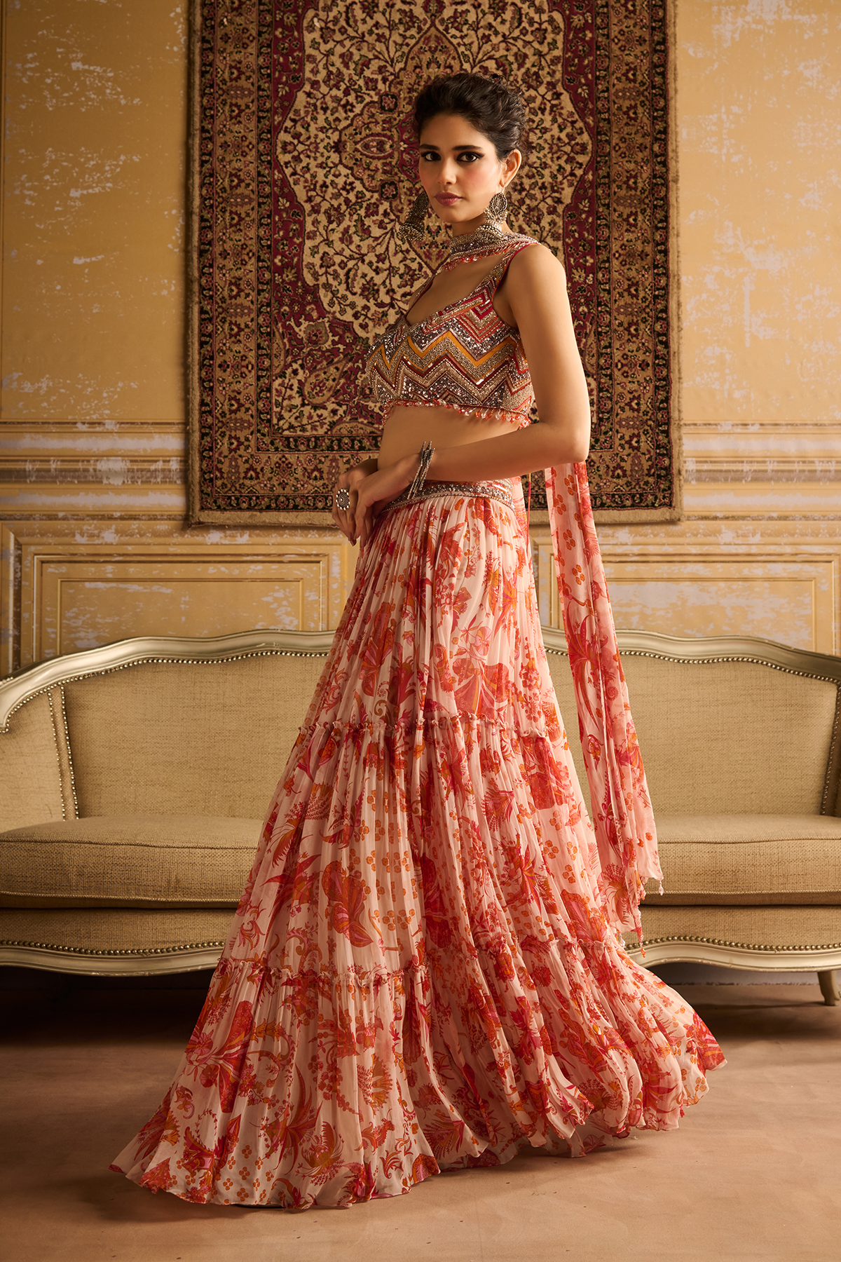 Orange zig-zag print &  embroidered blouse and Gharara set