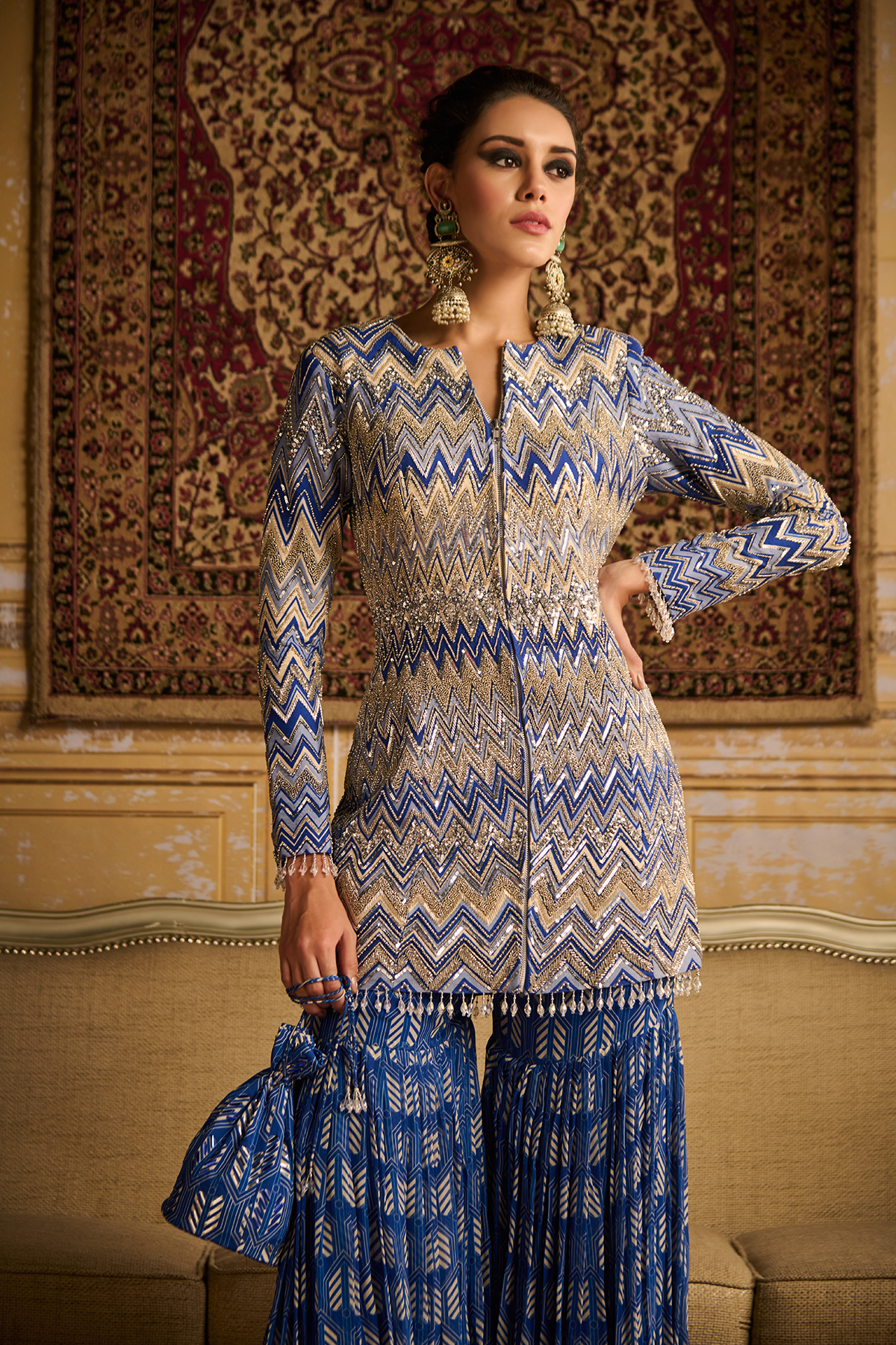 Blue print embroidered jacket and Gharara set