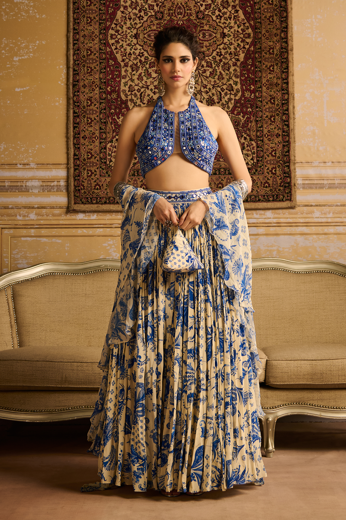 Blue embroidered blouse and  lehenga set