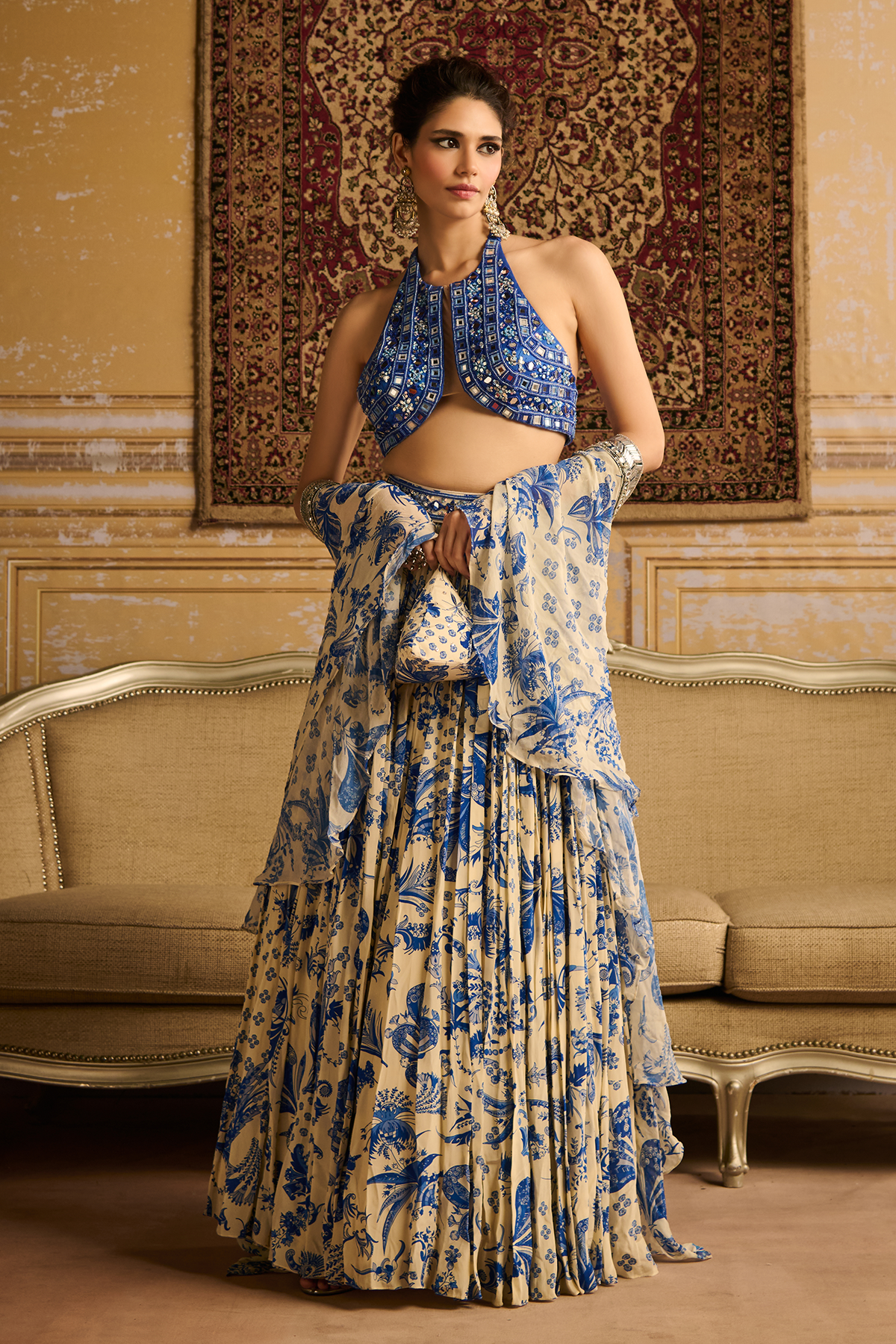 Blue embroidered blouse and  lehenga set