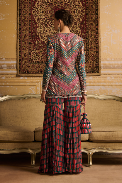 Teal highlighted jacket and  Gharara pants