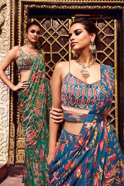 Teal  highlighted blouse and  saree set