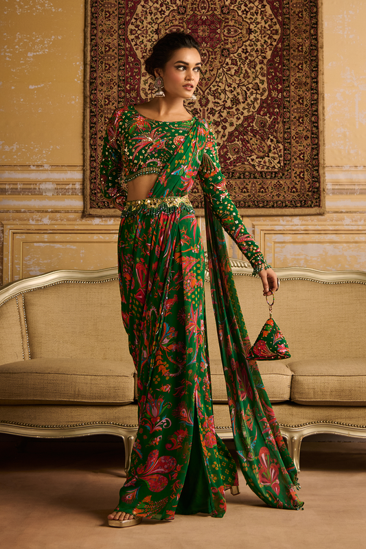 Dark Green embroidered blouse and pant saree set