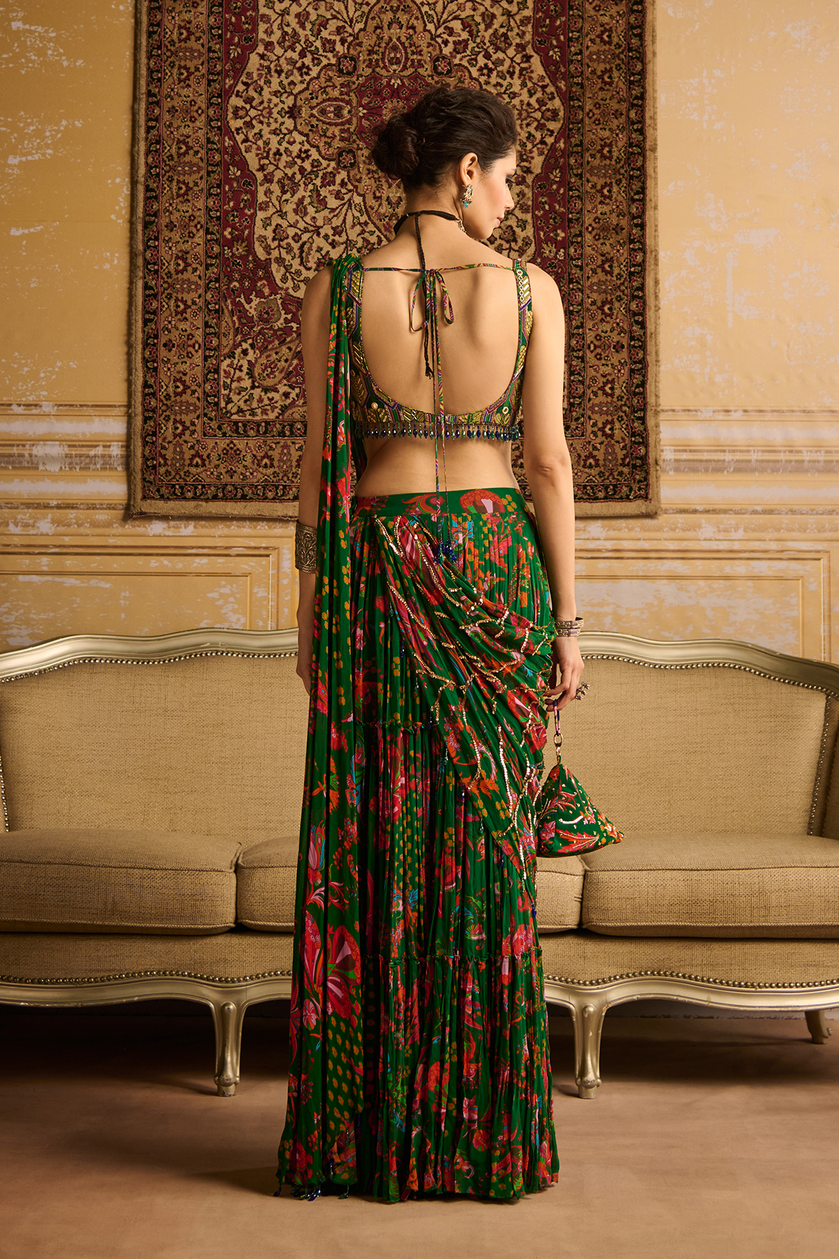 Dark Green highlight blouse and highlighted tiered skirt saree set