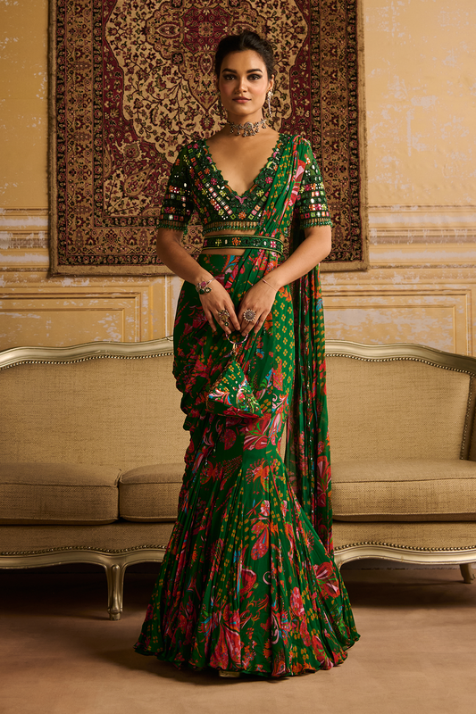 Dark Green embroidered blouse and Mermaid saree set