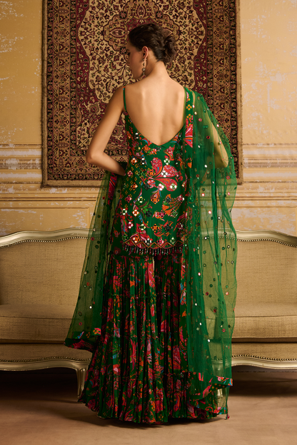 Dark Green embroidered kurti and Gharara set