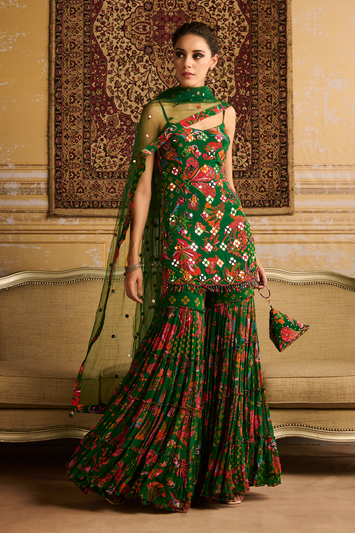 Dark Green embroidered kurti and Gharara set