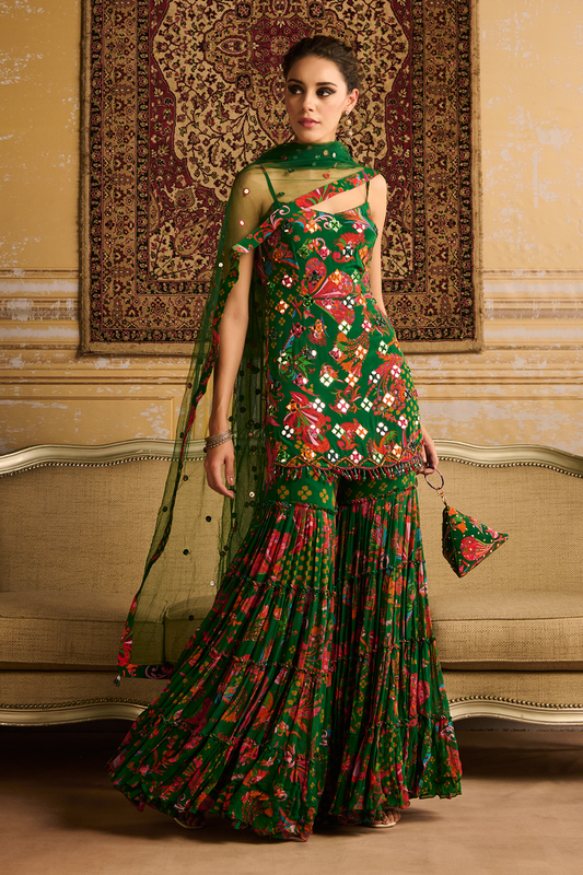 Dark Green embroidered kurti and Gharara set