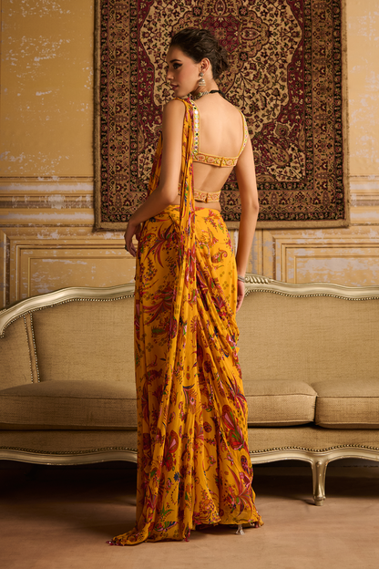 Yellow embroidered blouse and  sharara saree set