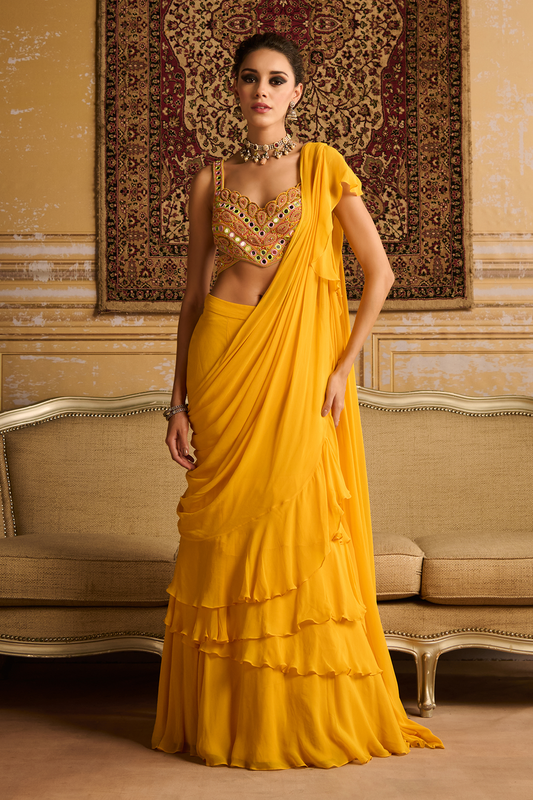 Yellow embroidered blouse and  skirt saree set