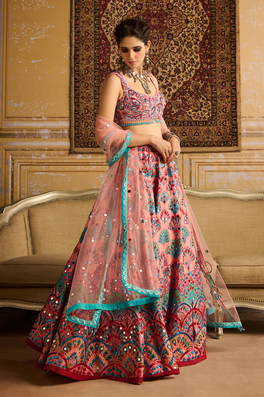 Peach embroidered blouse and Lehenga set