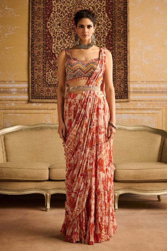 Orange print &  embroidered blouse and skirt saree set