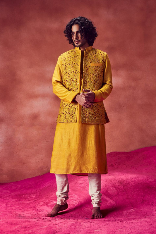 Yellow Kurta Paired With Embroidered Bandi & Churidar