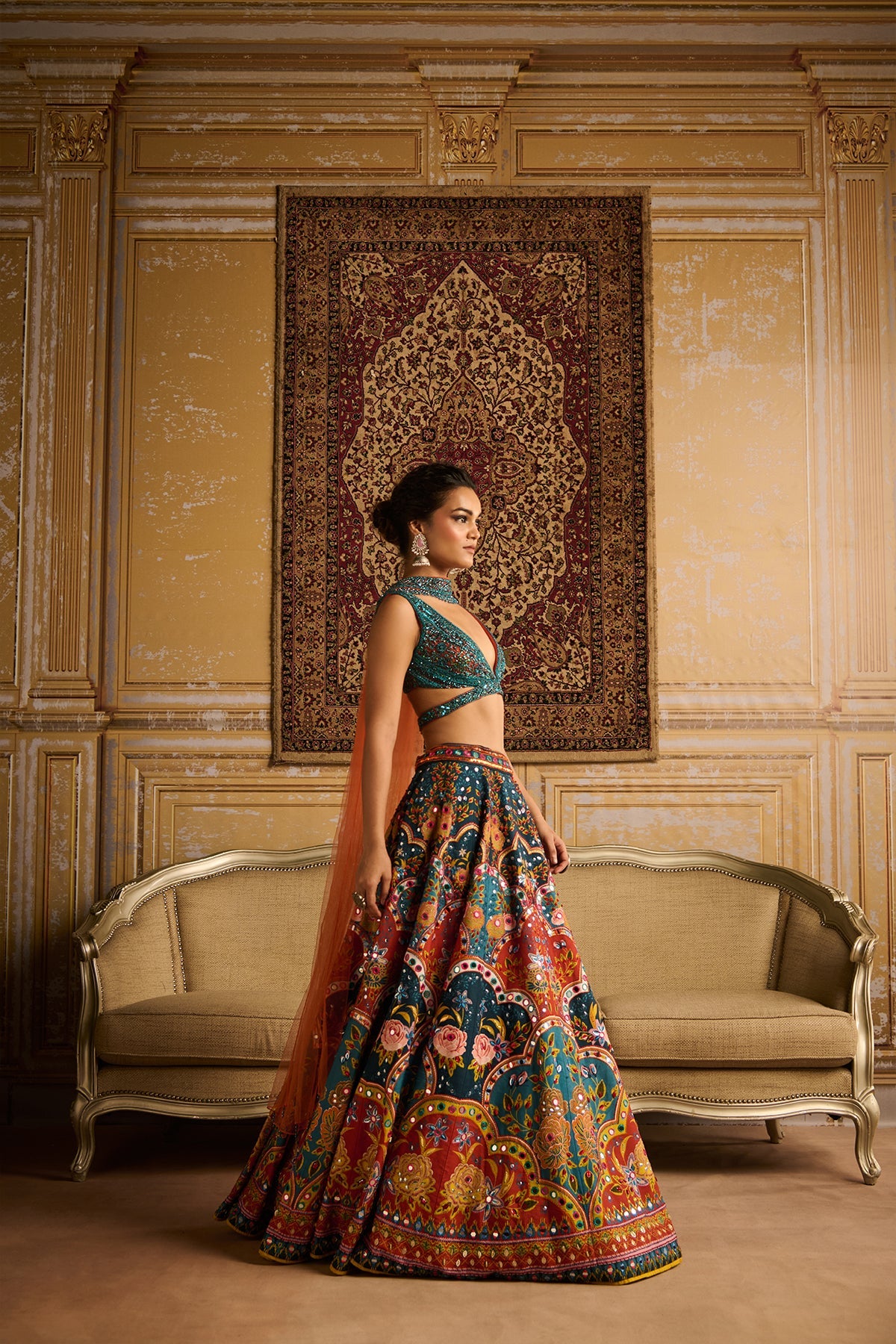 Teal embroidered  blouse and Lehenga set